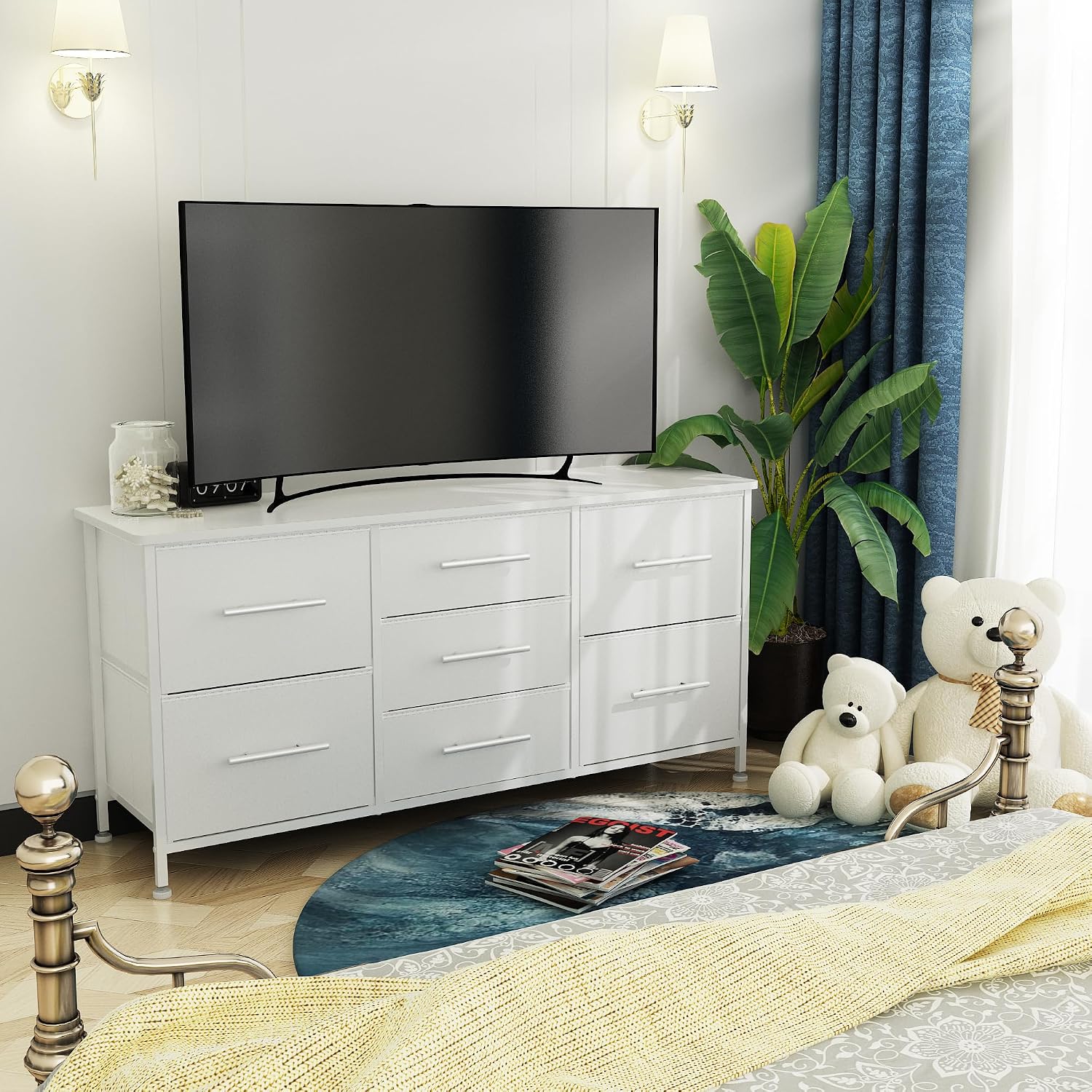 Chest of Drawers, Dresser for Bedroom with 7 Fabric Drawers, TV Stand on Castors, Storage Organizer for Living Room, Metal Frame and Wooden Top, White