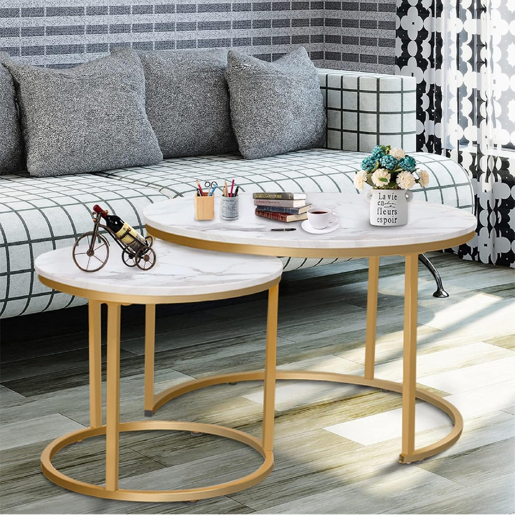 Garden 4 you Round Nesting Coffee Table Set of 2 for Living Room,Marble Center Tea Nest of Table with Metal Frame,End Side table for Small Space/Living Room/Bedroom, White Gold, 60 x 60 x 50.5cm