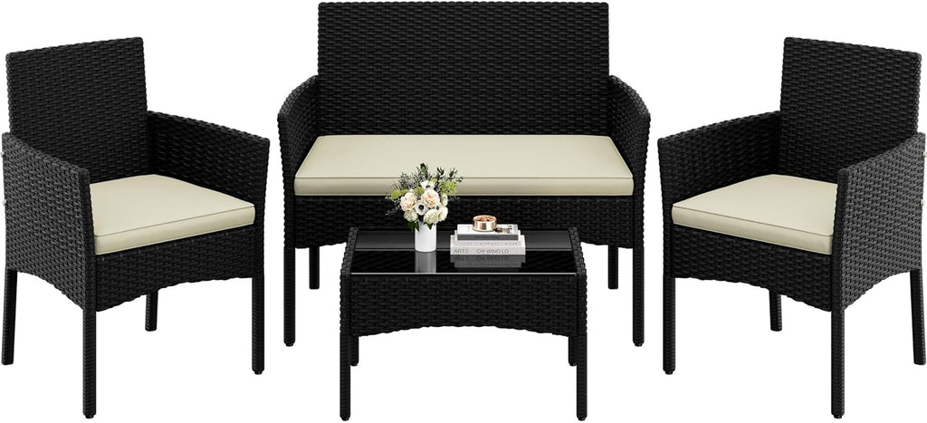 Yaheetech 4-Piece Rattan Conversation Set, Sofa & Glass Table, Black/Beige