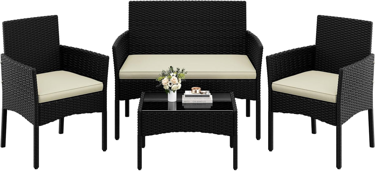 Yaheetech 4-Piece Rattan Conversation Set, Sofa & Glass Table, Black/Beige