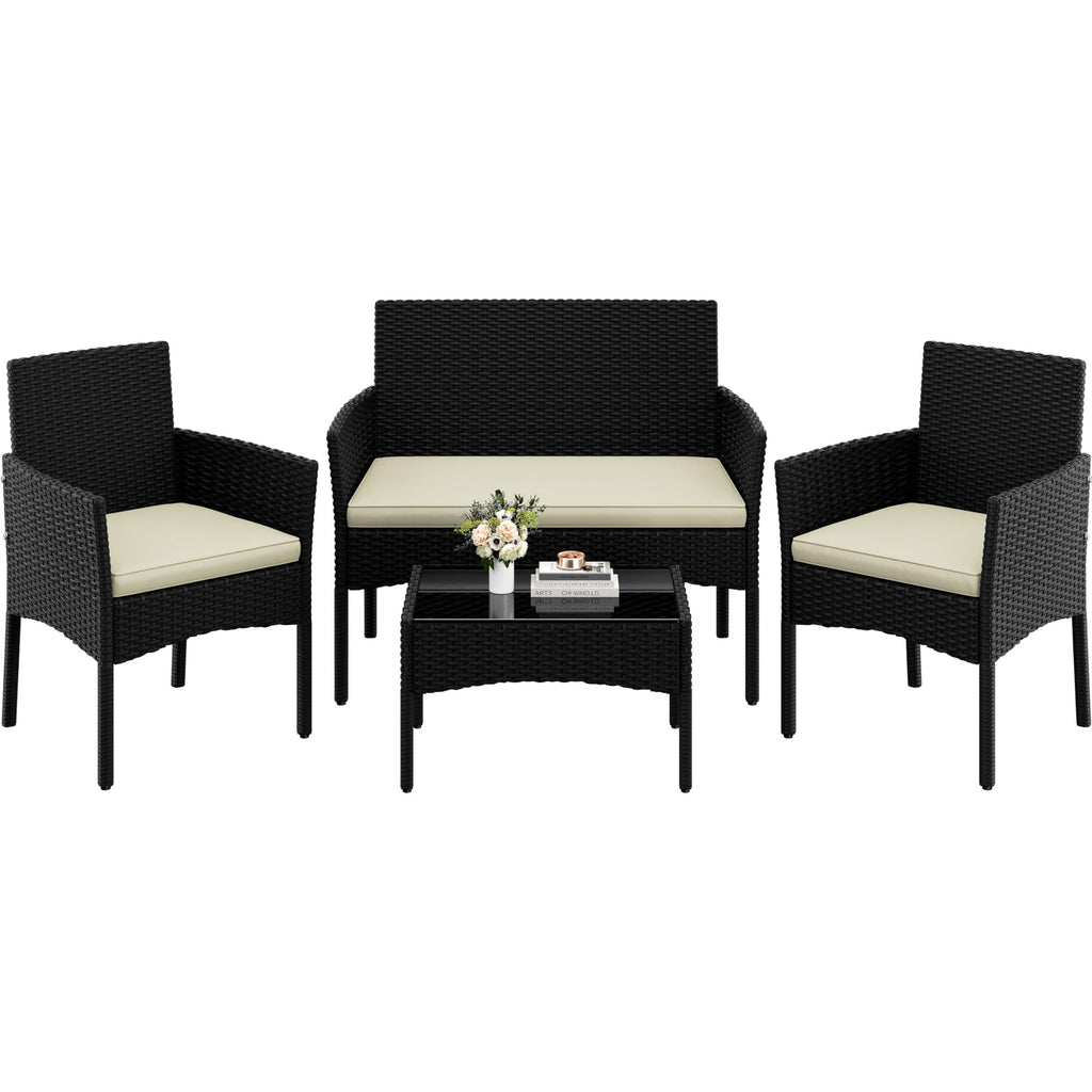 Yaheetech 4-Piece Rattan Conversation Set, Sofa & Glass Table, Black/Beige
