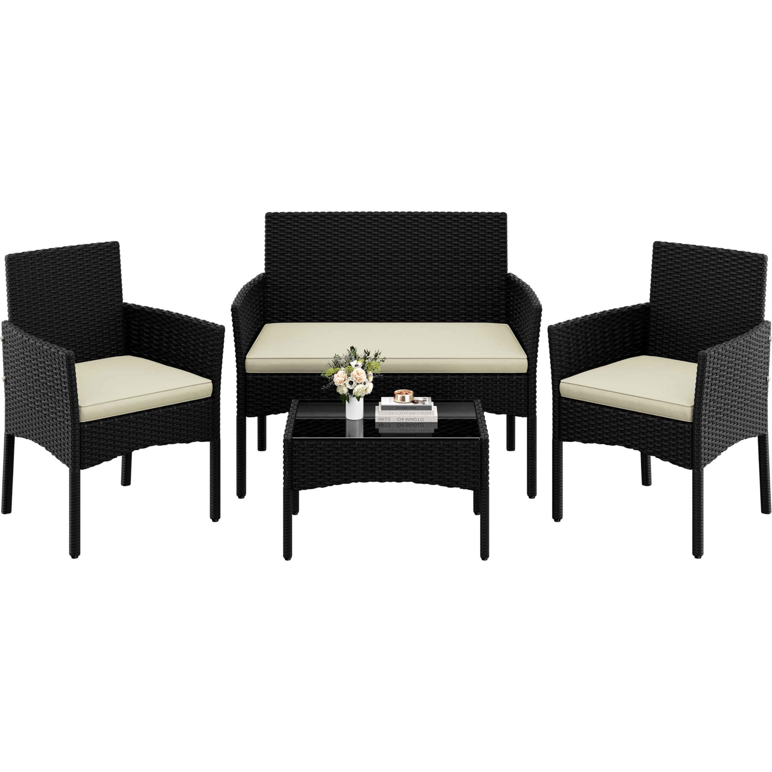Yaheetech 4-Piece Rattan Conversation Set, Sofa & Glass Table, Black/Beige