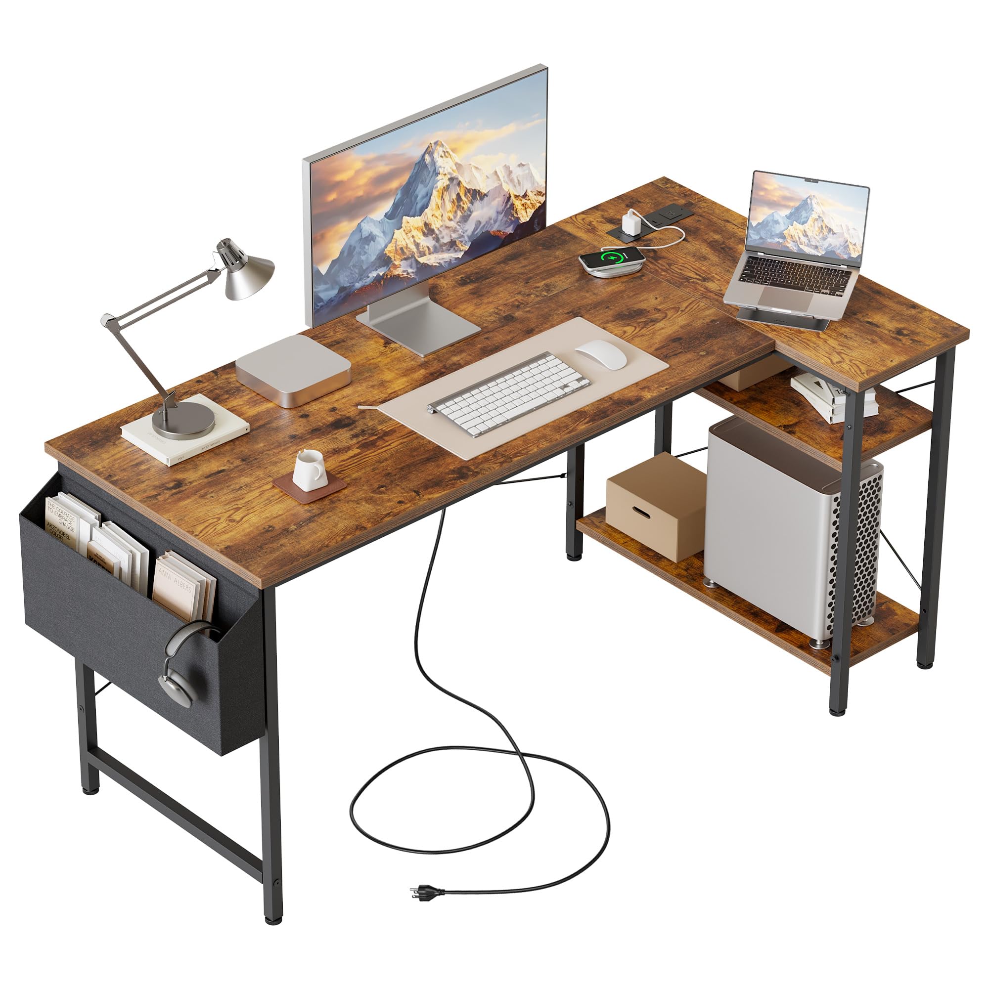 Mericonia Reversible Corner Desk, w. Power Outlets, 100x70cm, Black
