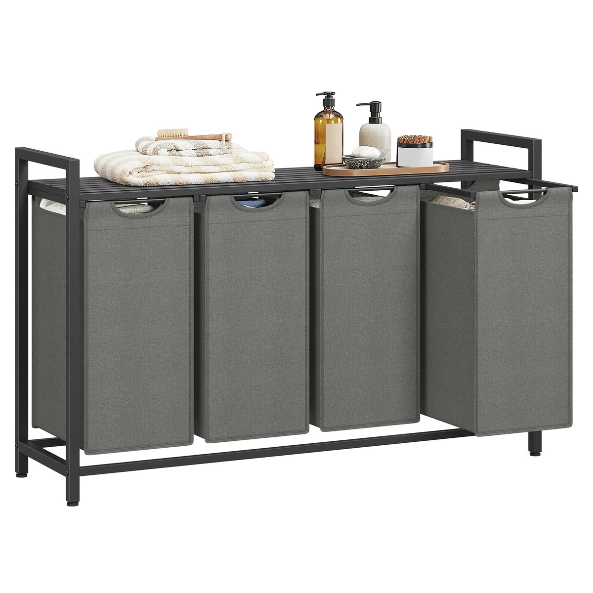 VASAGLE Laundry Basket, 3-Compartment Laundry Hamper, Pull-Out and Removable Liner Bags, Clothes Sorter, Shelf, Metal Frame, 3 x 40 L, 92.5 x 33 x 72 cm, Ink Black and Rustic Brown BLH301B01