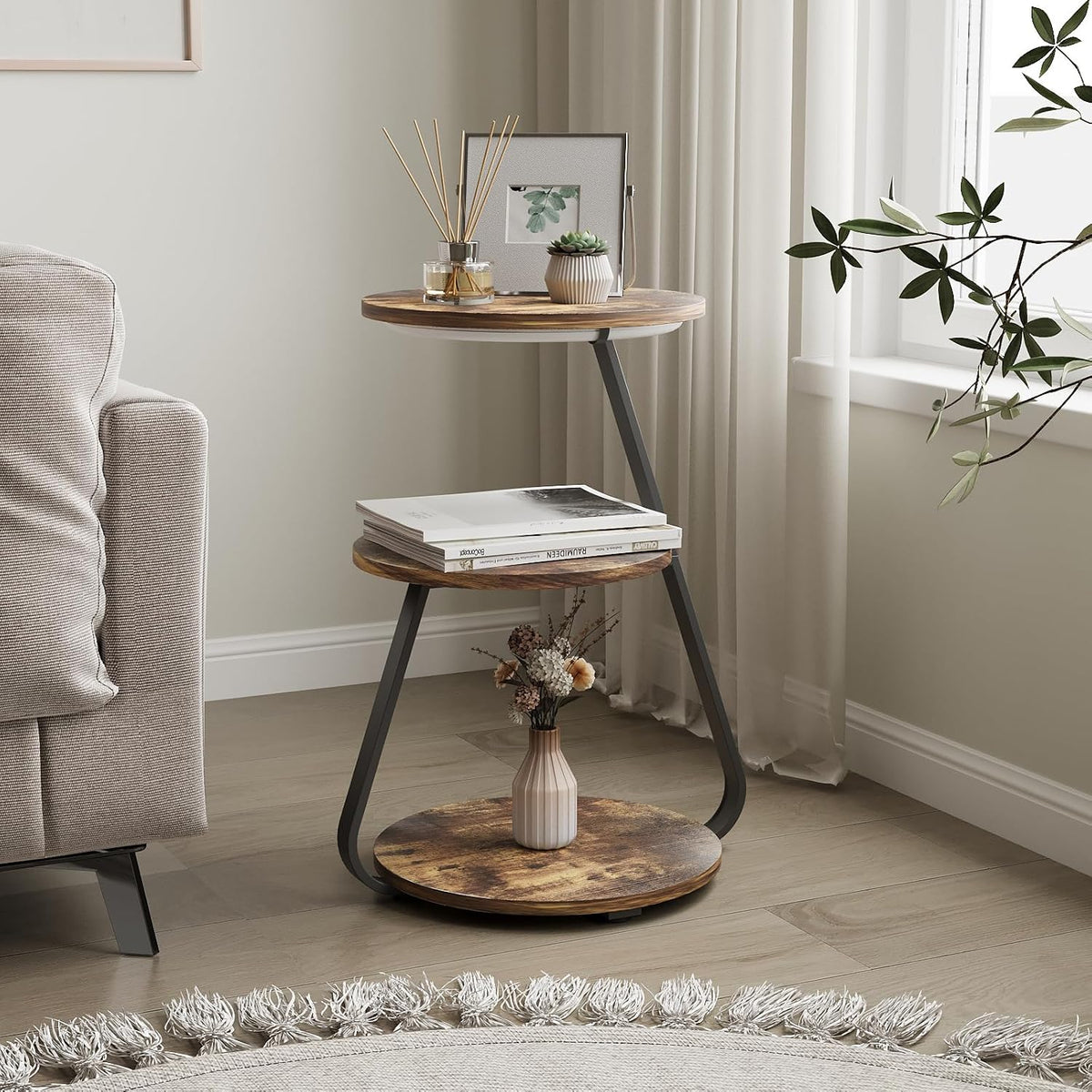 ARTETHYS Side Table, Small Round Coffee Table, Rustic Brown