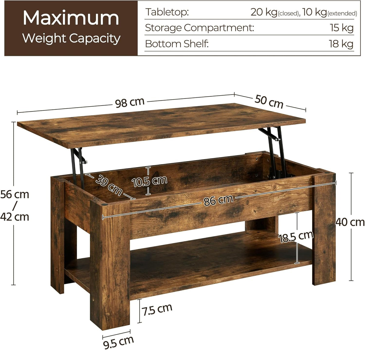 Yaheetech Lift Up Coffee Table 98x50x(42-56) cm, Rustic Brown