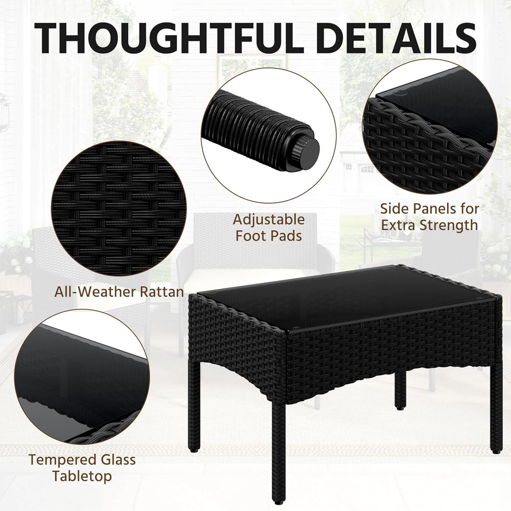 Yaheetech 4-Piece Rattan Conversation Set, Sofa & Glass Table, Black/Beige