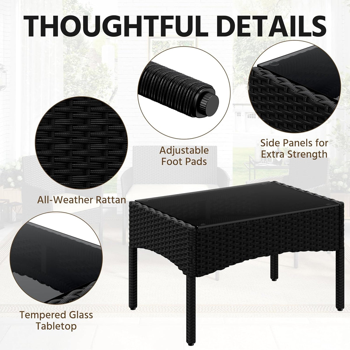 Yaheetech 4-Piece Rattan Conversation Set, Sofa & Glass Table, Black/Beige