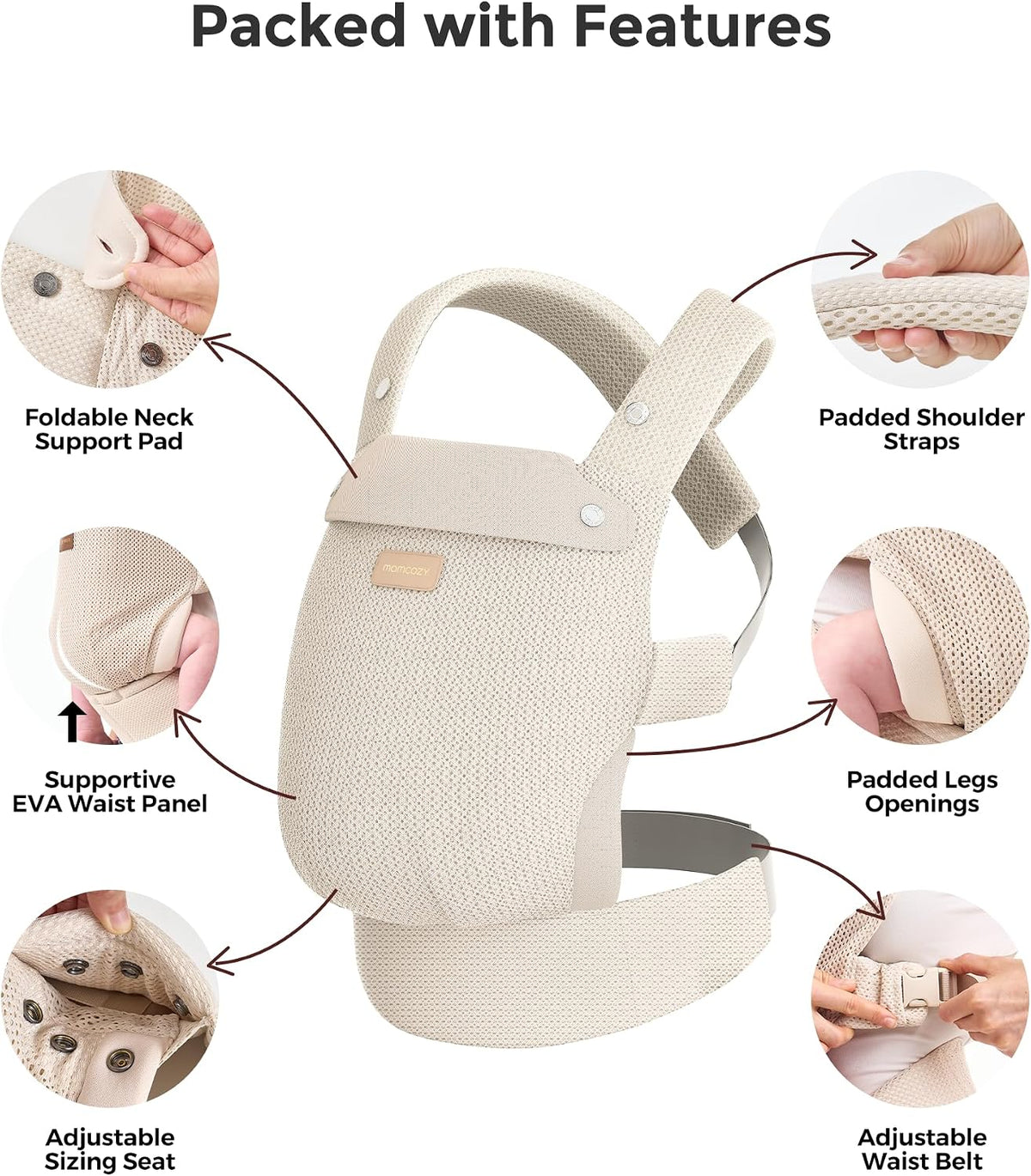 Momcozy Baby Carrier for 3-24M/3.2-20kg, Waist 64-127cm, Air Mesh-Apricot