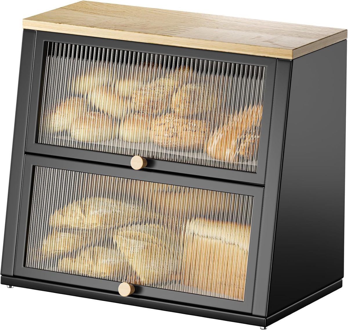 Urackify Two-Layer Large Bread Box, Bread Bins for Kitchen, Black Bread Bin with Stiped Window Door Pancel, Bread Storage with Wood Handle, kitchen Bin Storage with Removable Layer, Black