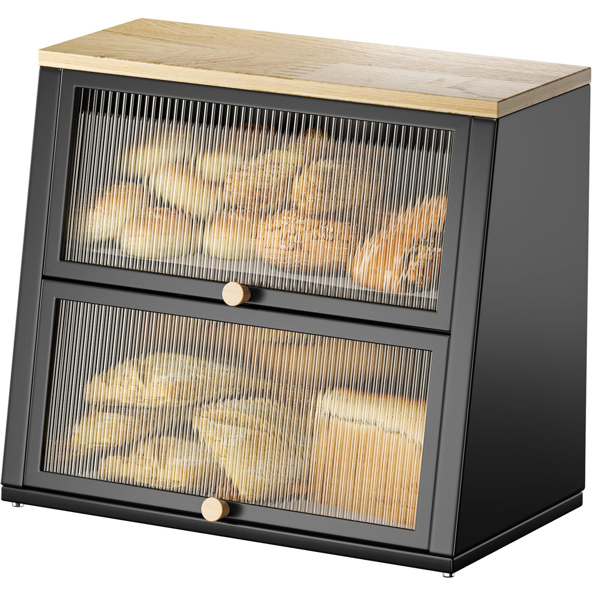 Urackify Two-Layer Large Bread Box, Bread Bins for Kitchen, Black Bread Bin with Stiped Window Door Pancel, Bread Storage with Wood Handle, kitchen Bin Storage with Removable Layer, Black