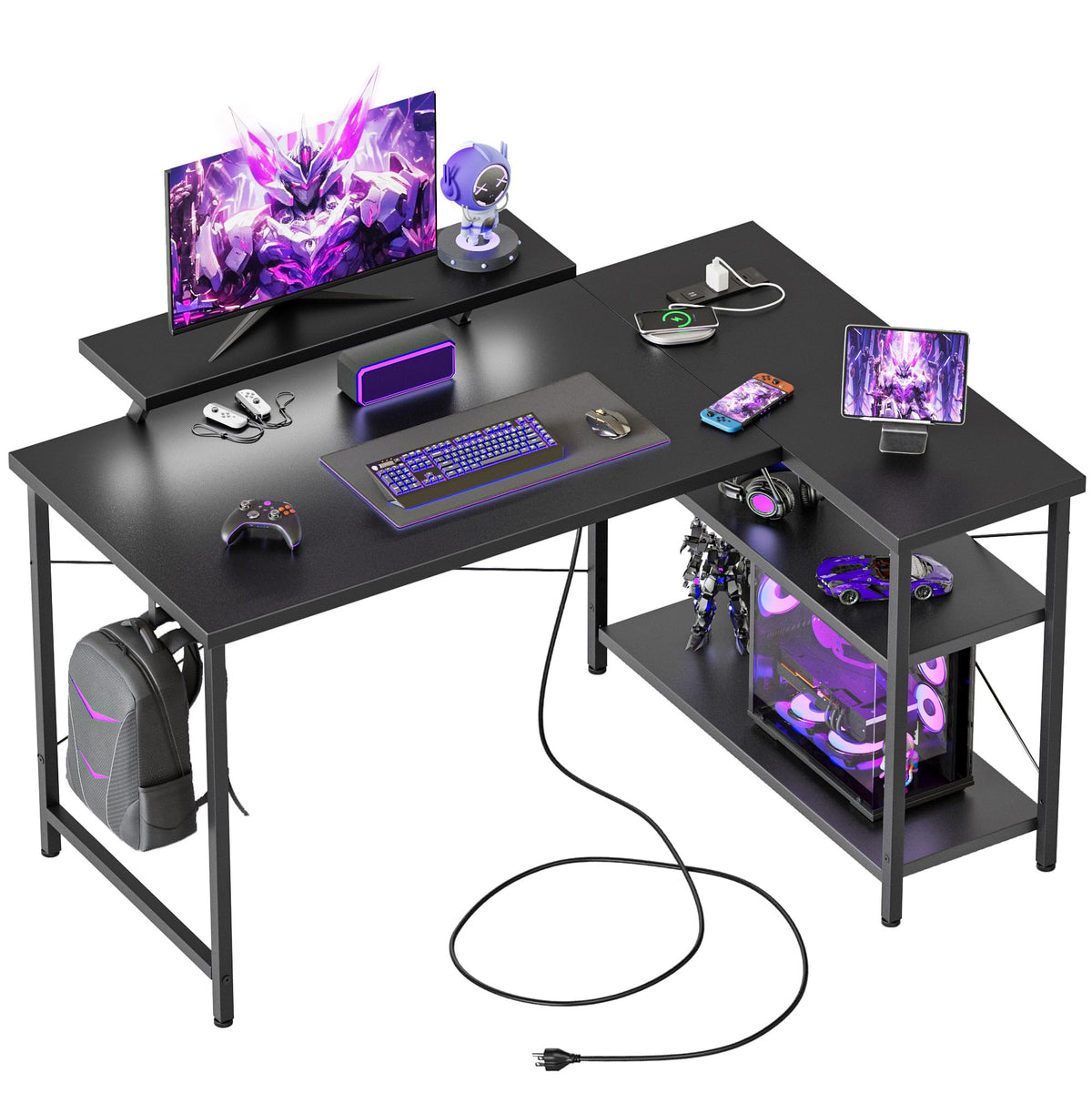 Mericonia Reversible Corner Desk, w. Power Outlets, 100x70cm, Black