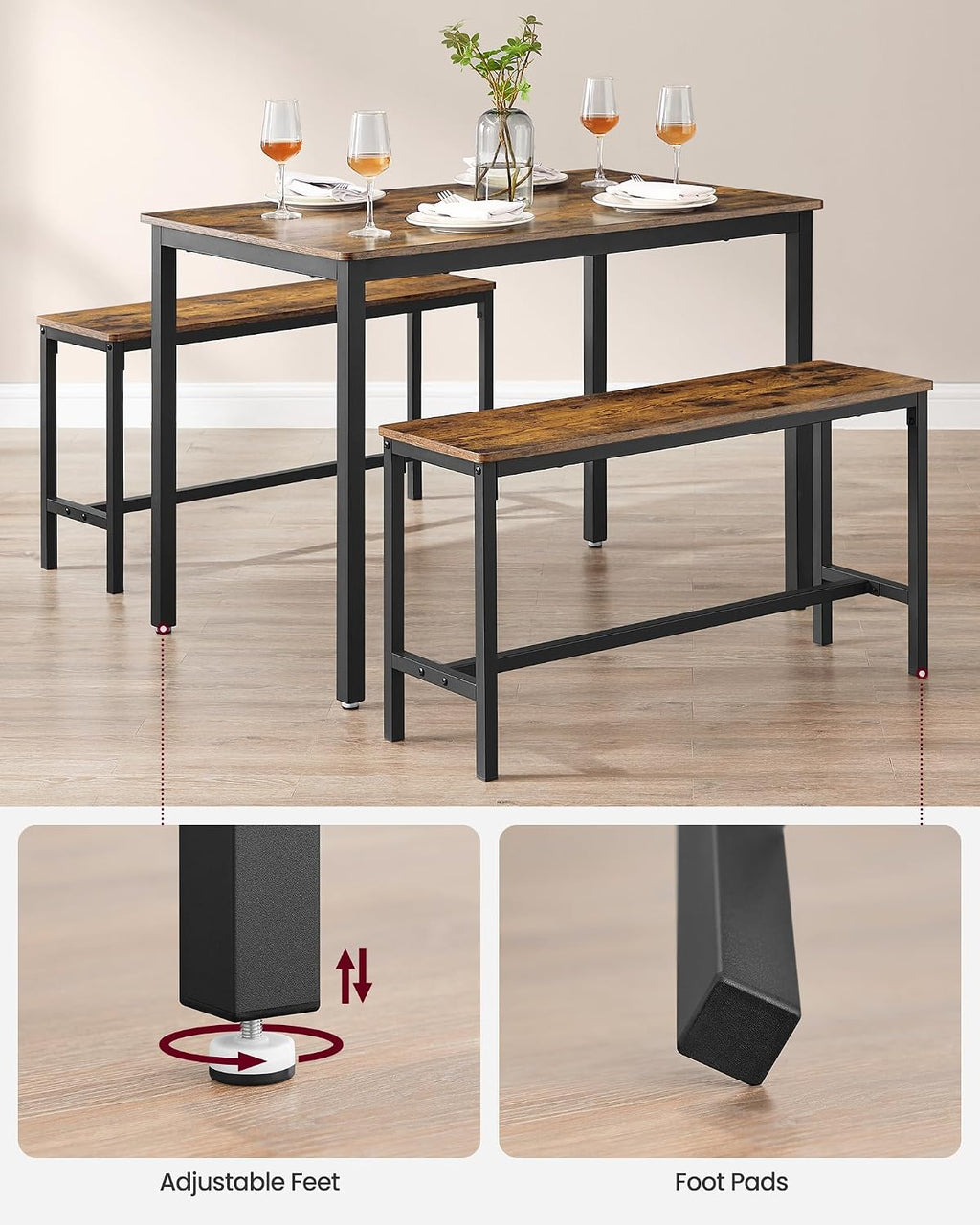 VASAGLE Dining Table with 2 Benches, 3 Piece Set, Kitchen Table of 70 x 110 x 75 cm, 2 Benches of 30 x 97 x 50 cm Each, Steel Frame, Industrial Design, Rustic Brown and Black KDT070B01