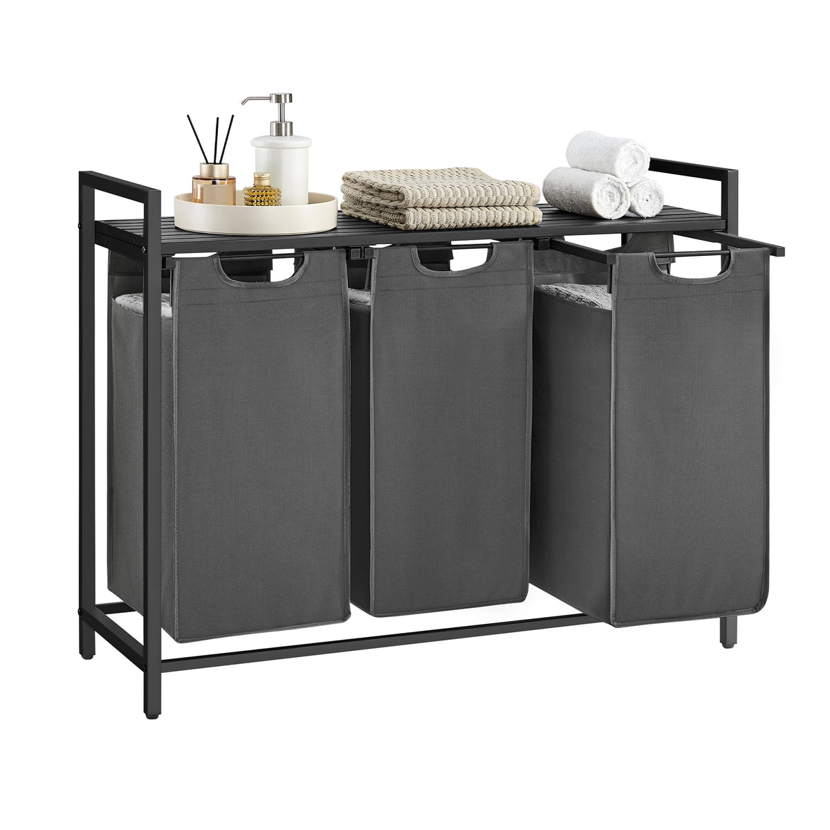 VASAGLE Laundry Basket, 3-Compartment Laundry Hamper, Pull-Out and Removable Liner Bags, Clothes Sorter, Shelf, Metal Frame, 3 x 40 L, 92.5 x 33 x 72 cm, Ink Black and Rustic Brown BLH301B01