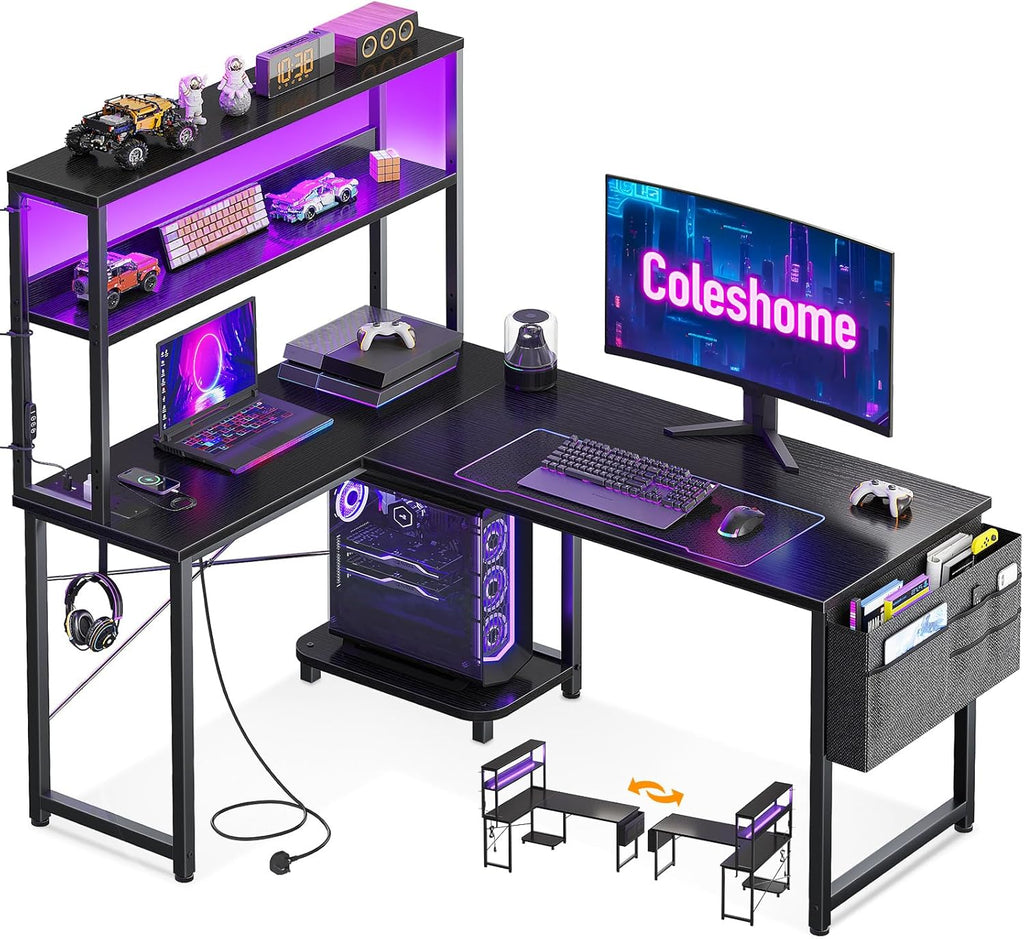 Coleshome L Shaped Gaming Desk with LED Lights & Power Outlet, Black