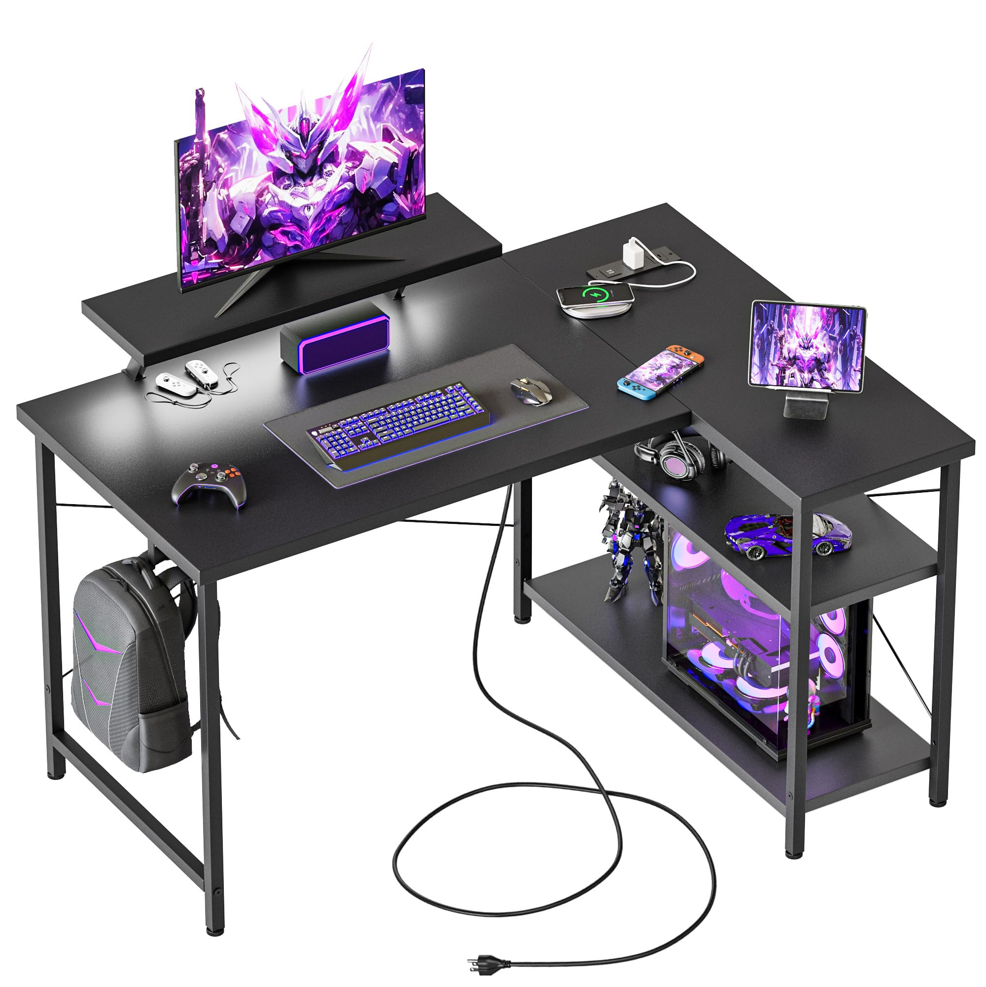 Mericonia Reversible Corner Desk, w. Power Outlets, 100x70cm, Black
