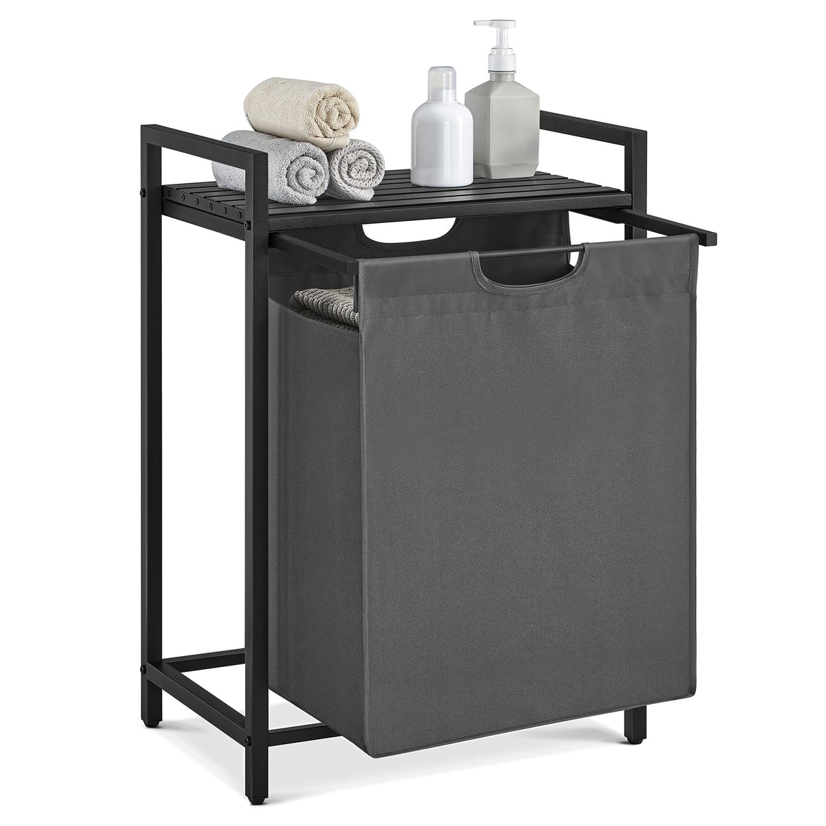 VASAGLE Laundry Basket, 3-Compartment Laundry Hamper, Pull-Out and Removable Liner Bags, Clothes Sorter, Shelf, Metal Frame, 3 x 40 L, 92.5 x 33 x 72 cm, Ink Black and Rustic Brown BLH301B01