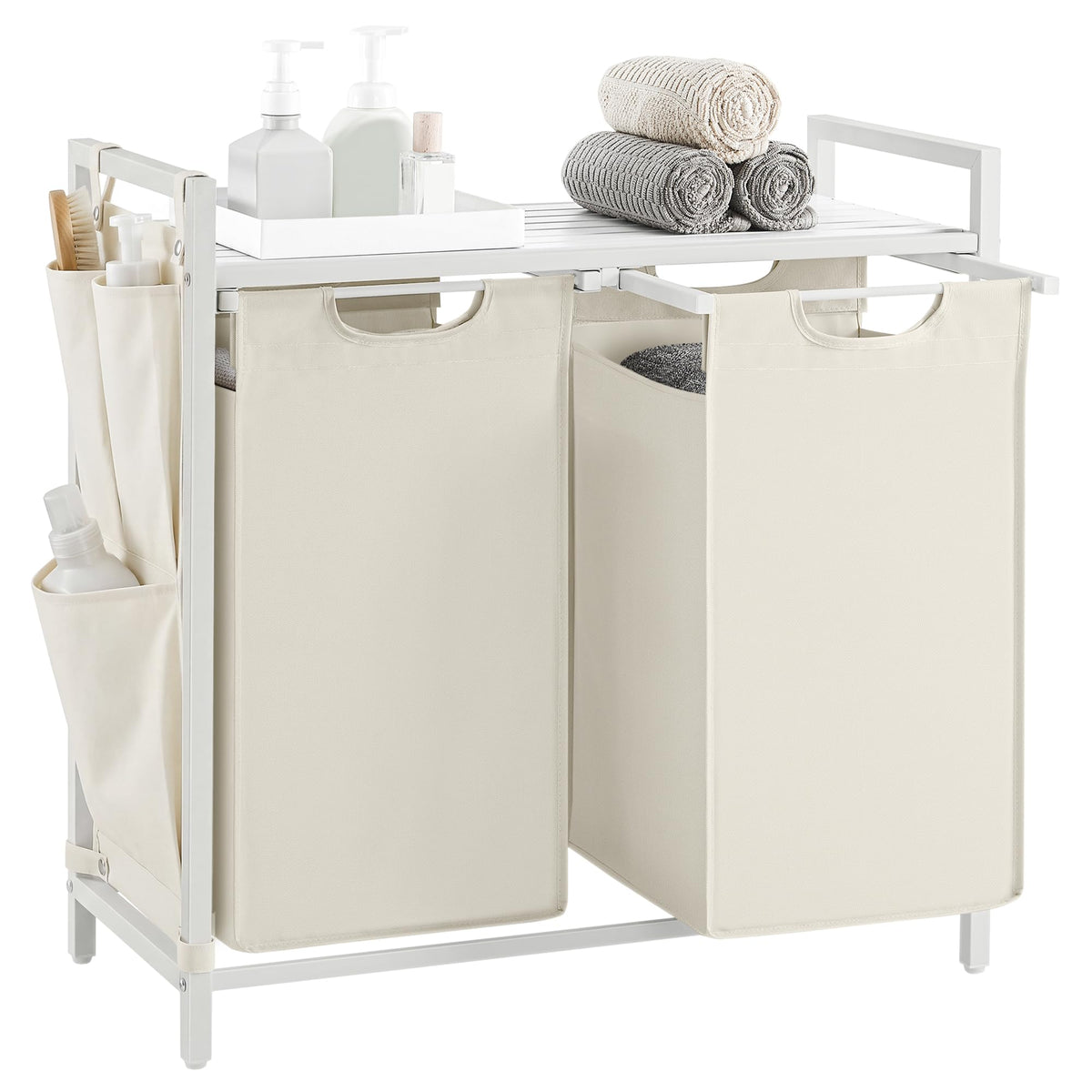 VASAGLE Laundry Basket, 3-Compartment Laundry Hamper, Pull-Out and Removable Liner Bags, Clothes Sorter, Shelf, Metal Frame, 3 x 40 L, 92.5 x 33 x 72 cm, Ink Black and Rustic Brown BLH301B01