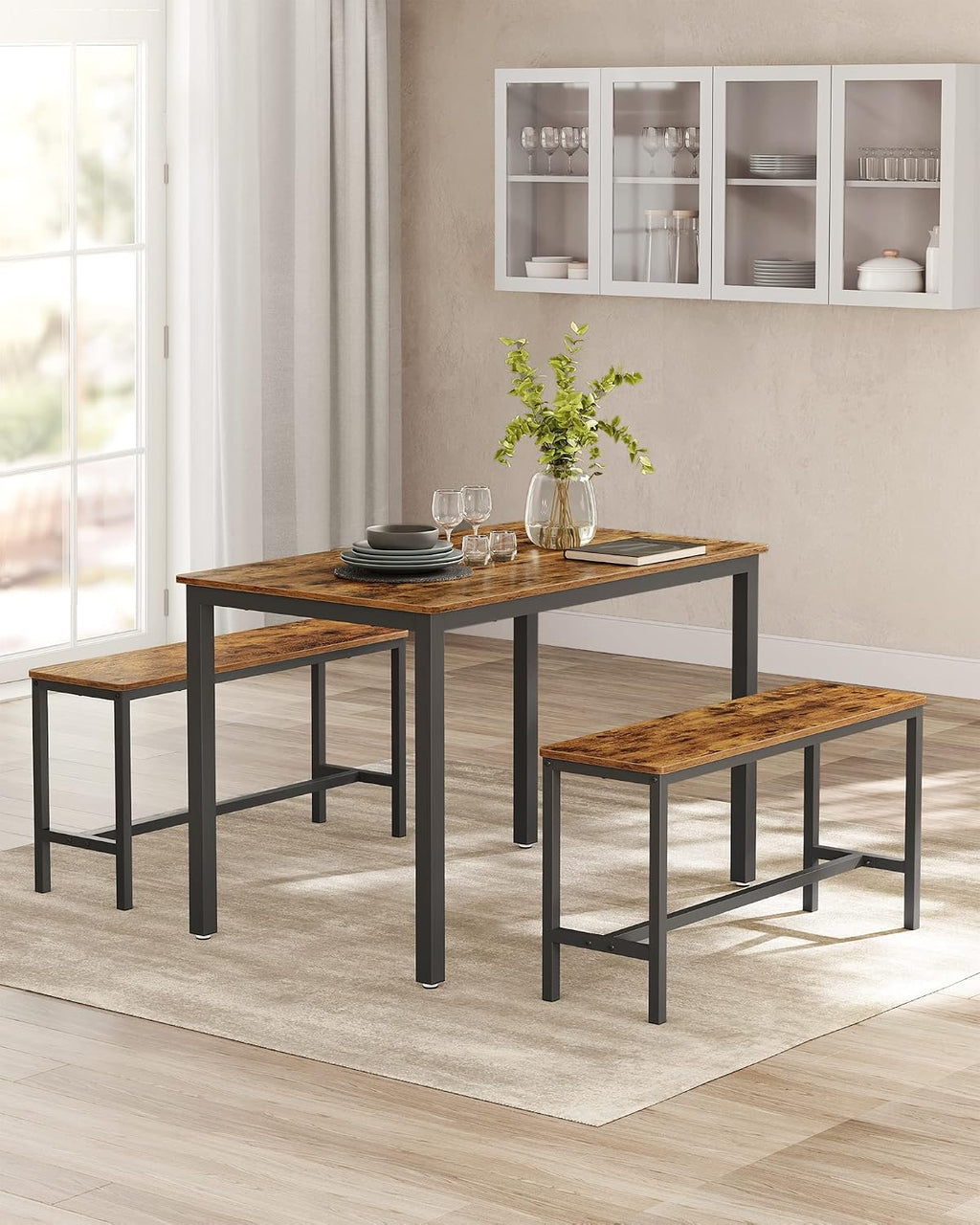VASAGLE Dining Table with 2 Benches, 3 Piece Set, Kitchen Table of 70 x 110 x 75 cm, 2 Benches of 30 x 97 x 50 cm Each, Steel Frame, Industrial Design, Rustic Brown and Black KDT070B01