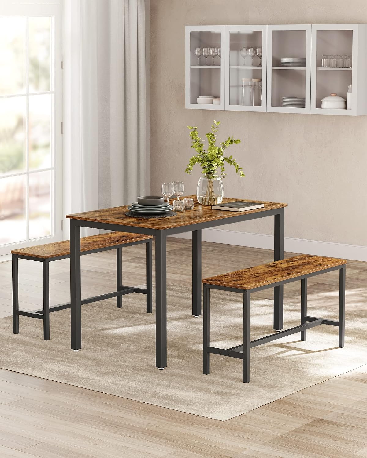 VASAGLE Dining Table with 2 Benches, 3 Piece Set, Kitchen Table of 70 x 110 x 75 cm, 2 Benches of 30 x 97 x 50 cm Each, Steel Frame, Industrial Design, Rustic Brown and Black KDT070B01