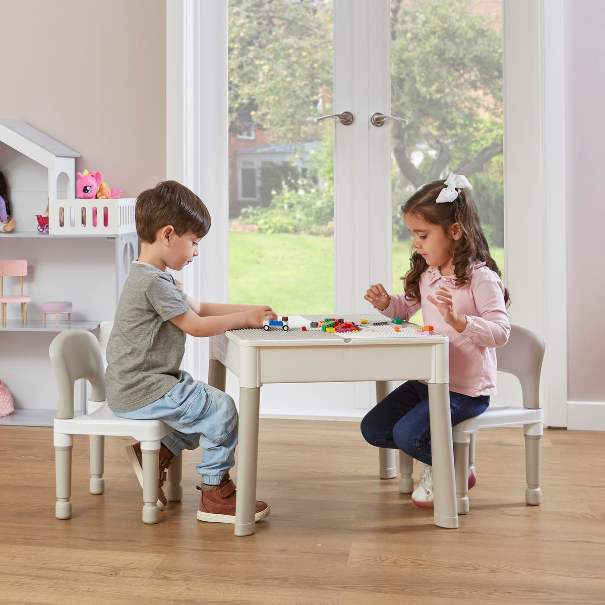 Liberty House Toys Kids 5-in-1 Activity Table and 2 Chairs, Sand, Water, Construction Play, Grey, H450 x W510 x D540mm
