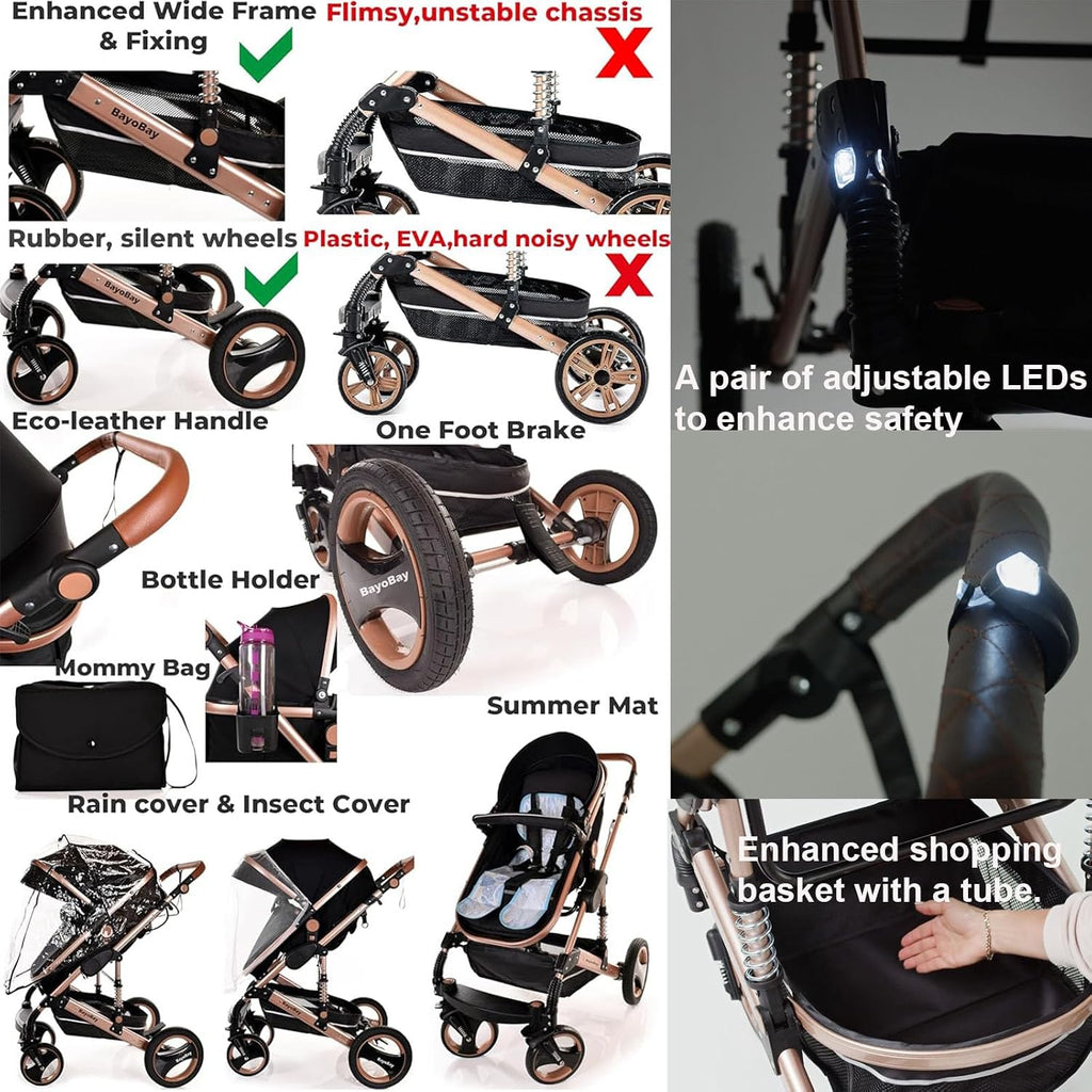 Baby Pram & Pushchair Travel System 3 in1 with Car Seat - Lightweight Folding Buggy Stroller for Newborns 0-36 Months (Black - Silver Frame)