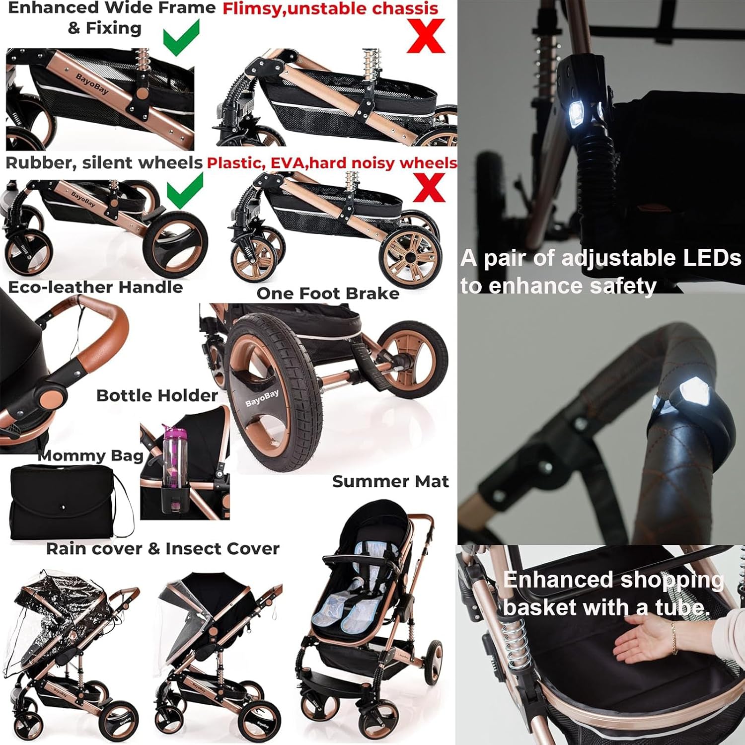 Baby Pram & Pushchair Travel System 3 in1 with Car Seat - Lightweight Folding Buggy Stroller for Newborns 0-36 Months (Black - Silver Frame)