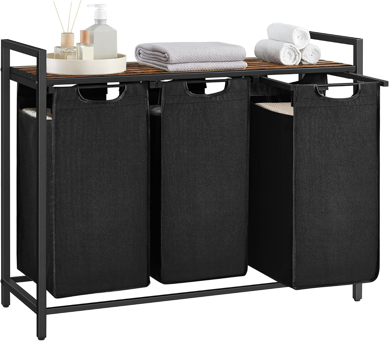 VASAGLE Laundry Basket, 3-Compartment Laundry Hamper, Pull-Out and Removable Liner Bags, Clothes Sorter, Shelf, Metal Frame, 3 x 40 L, 92.5 x 33 x 72 cm, Ink Black and Rustic Brown BLH301B01