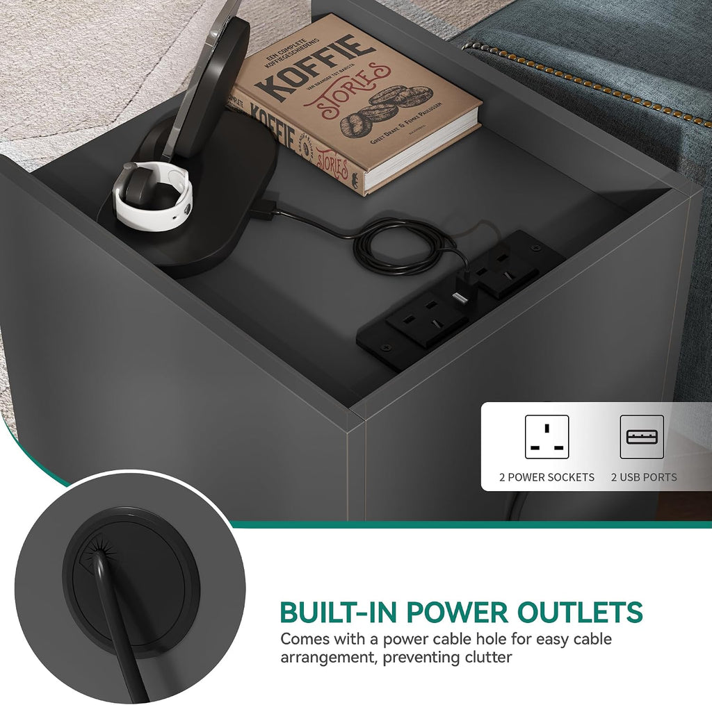 YITAHOME Bedside Table with 3 Drawers and Power Station Grey