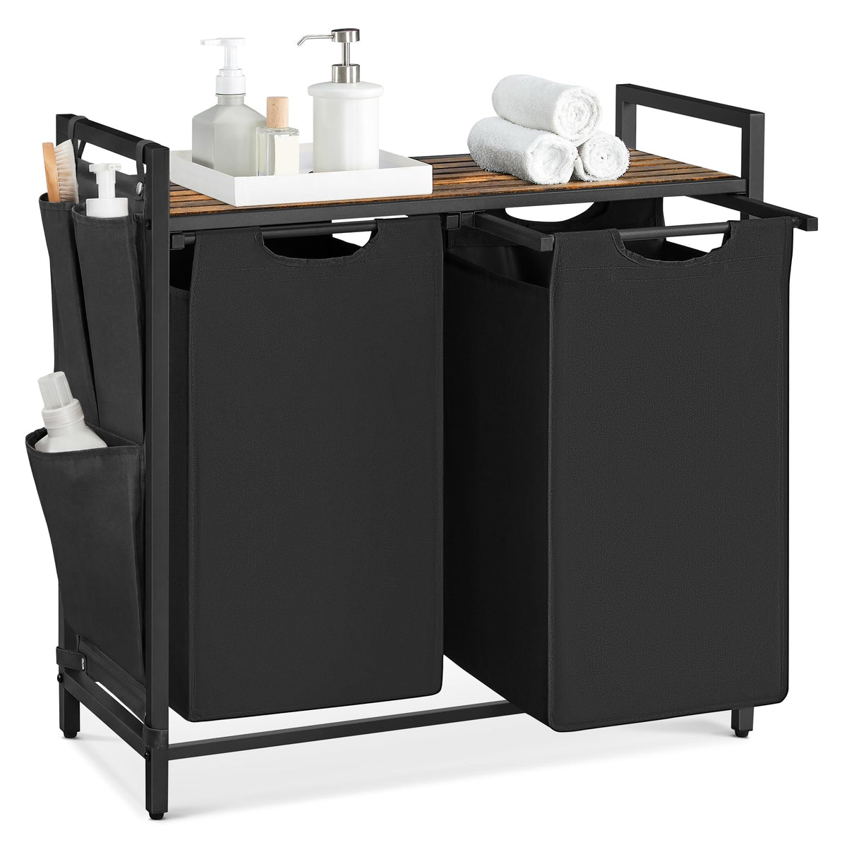 VASAGLE Laundry Basket, 3-Compartment Laundry Hamper, Pull-Out and Removable Liner Bags, Clothes Sorter, Shelf, Metal Frame, 3 x 40 L, 92.5 x 33 x 72 cm, Ink Black and Rustic Brown BLH301B01