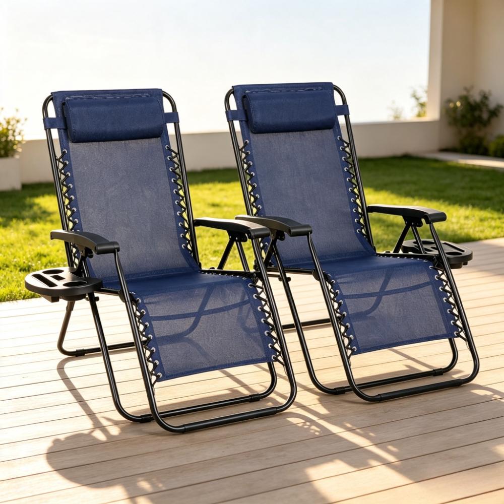 Garden Zero Gravity Chairs Set of 2, Heavy Duty Textoline Outdoor Sunloungers, Reclining & Foldable Patio Chairs with Headrest Pillow & Cup Drinks Holder
