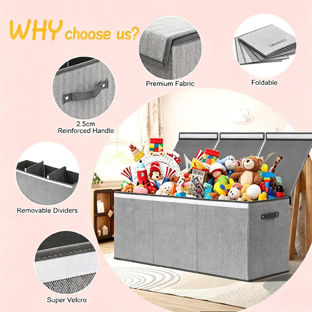 147L Large Foldable Toy Storage Box for Kids, Flip-Top Lid Organiser Chest for Clothes and Toys, Grey Storage Container for Bedroom Playroom Kindergarten [Plus A Free Gift]