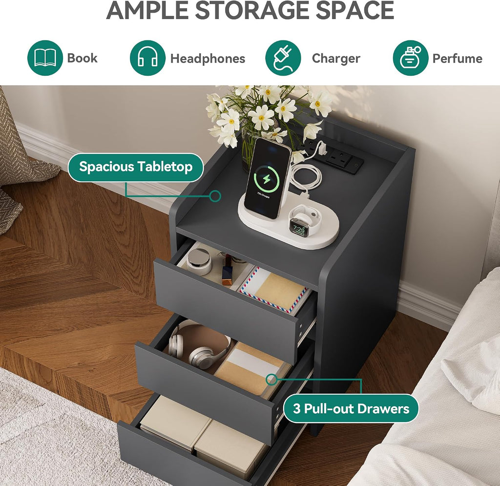 YITAHOME Bedside Table with 3 Drawers and Power Station Grey