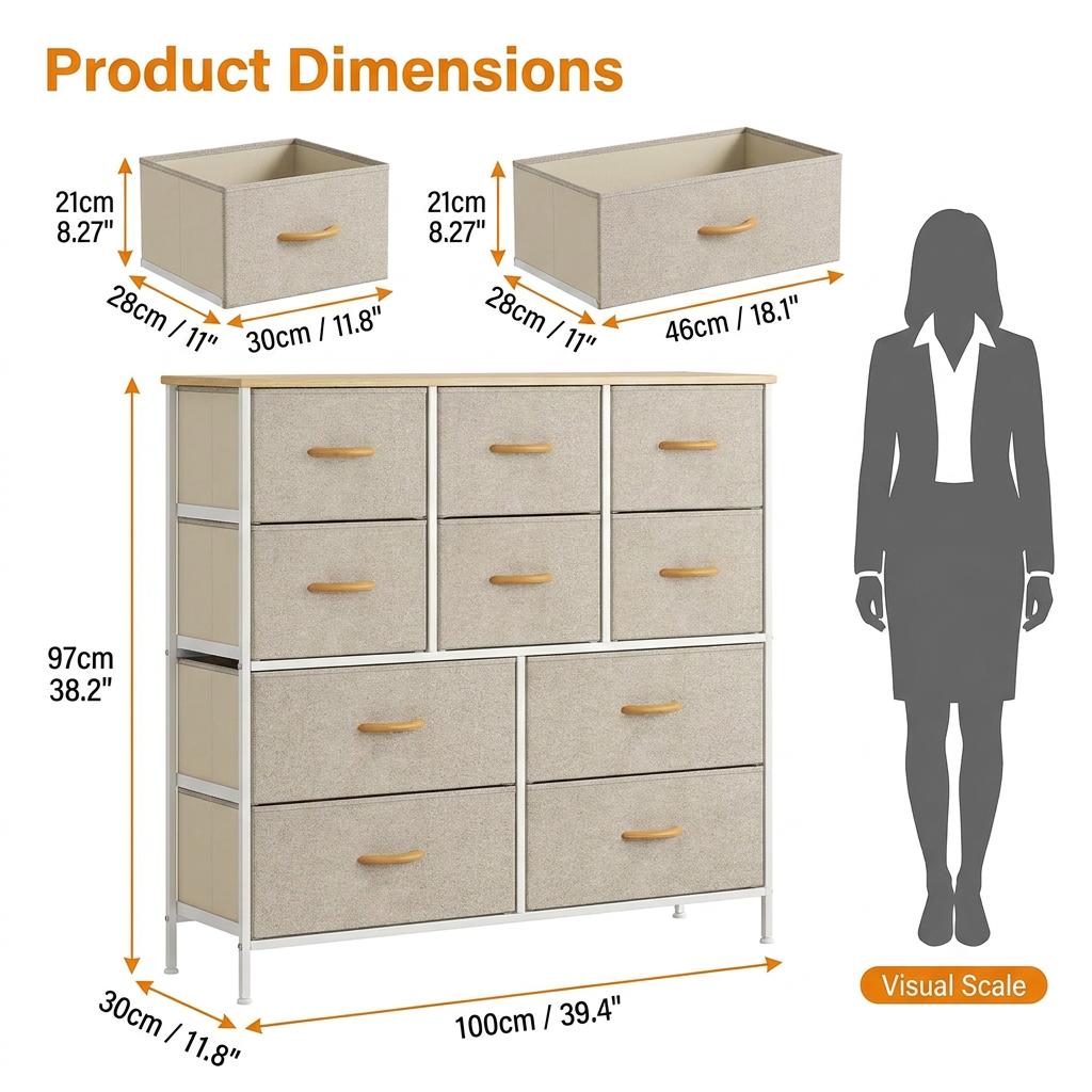 10-Drawer Fabric Storage Tower with Metal Frame & MDF Top, Non-Woven Organiser for Bedroom, Living Room, Hallway – Beige/White/Wood Tone (100x30x97cm)