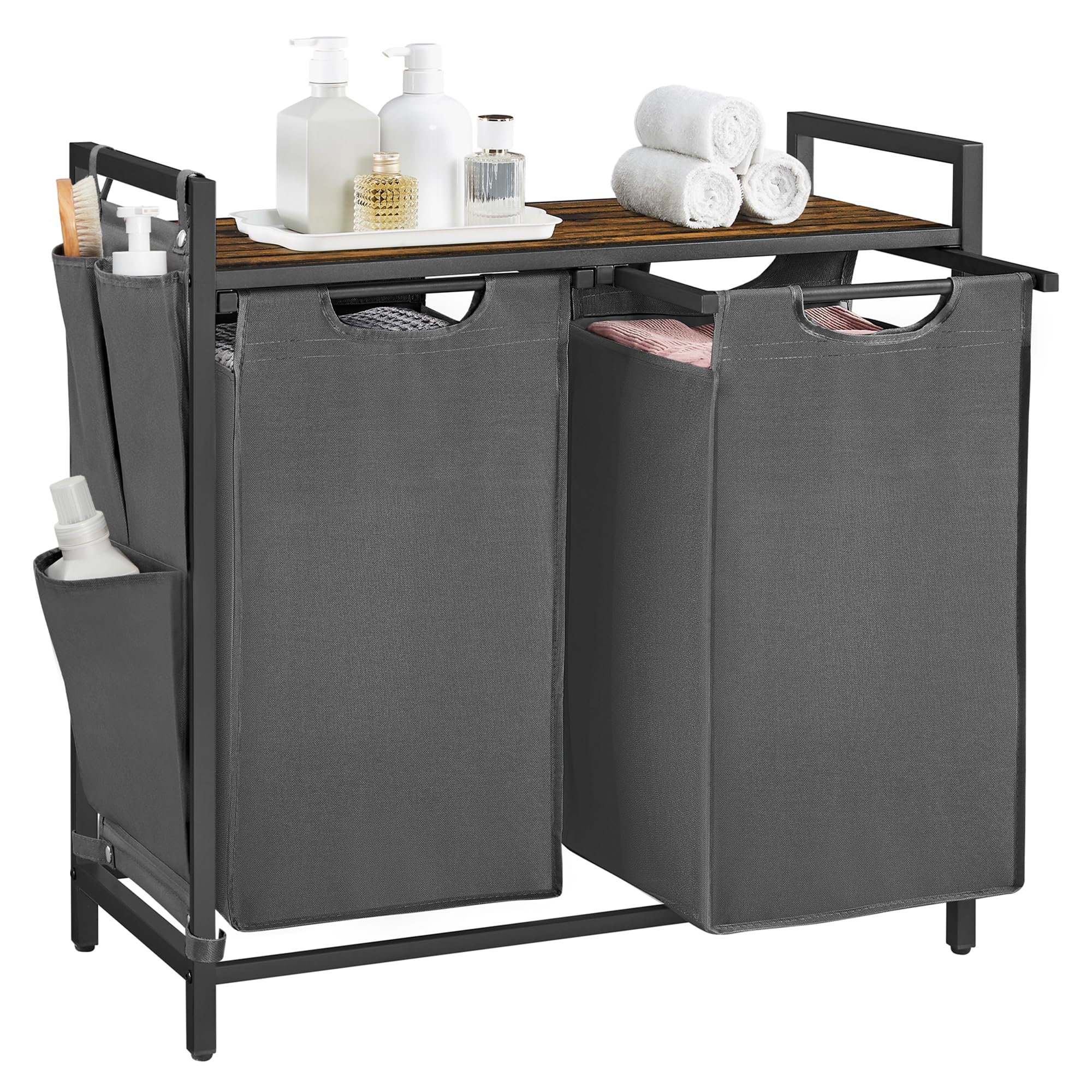 VASAGLE Laundry Basket, 3-Compartment Laundry Hamper, Pull-Out and Removable Liner Bags, Clothes Sorter, Shelf, Metal Frame, 3 x 40 L, 92.5 x 33 x 72 cm, Ink Black and Rustic Brown BLH301B01