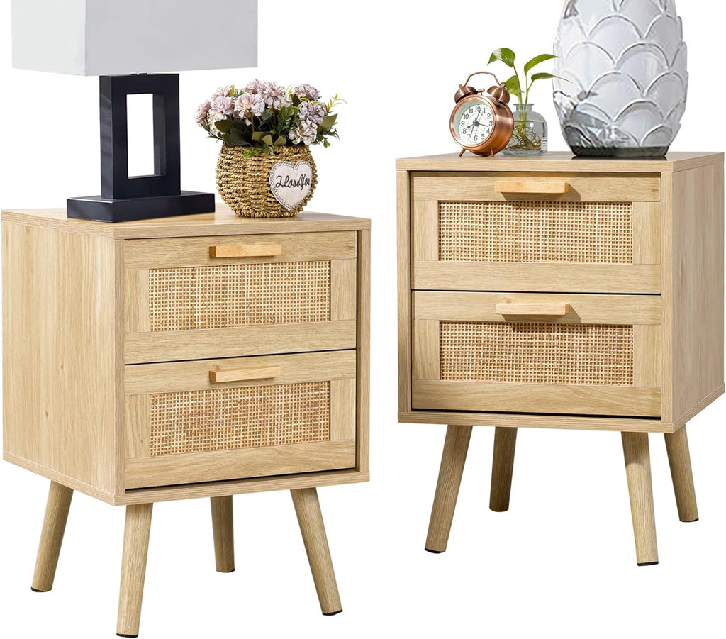Finnhomy Bedside Tables Set of 2, Side Table with 2 Hand Made Rattan Decorated Drawers, Night Stand Set 2, Wood Nigntstand, End Table with Storage for Bedroom, Natural, 2 Pack