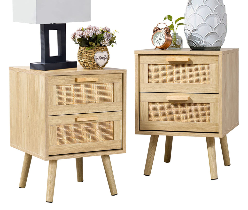 Finnhomy Bedside Tables Set of 2, Side Table with 2 Hand Made Rattan Decorated Drawers, Night Stand Set 2, Wood Nigntstand, End Table with Storage for Bedroom, Natural, 2 Pack
