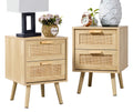 Finnhomy Bedside Tables Set of 2, Side Table with 2 Hand Made Rattan Decorated Drawers, Night Stand Set 2, Wood Nigntstand, End Table with Storage for Bedroom, Natural, 2 Pack