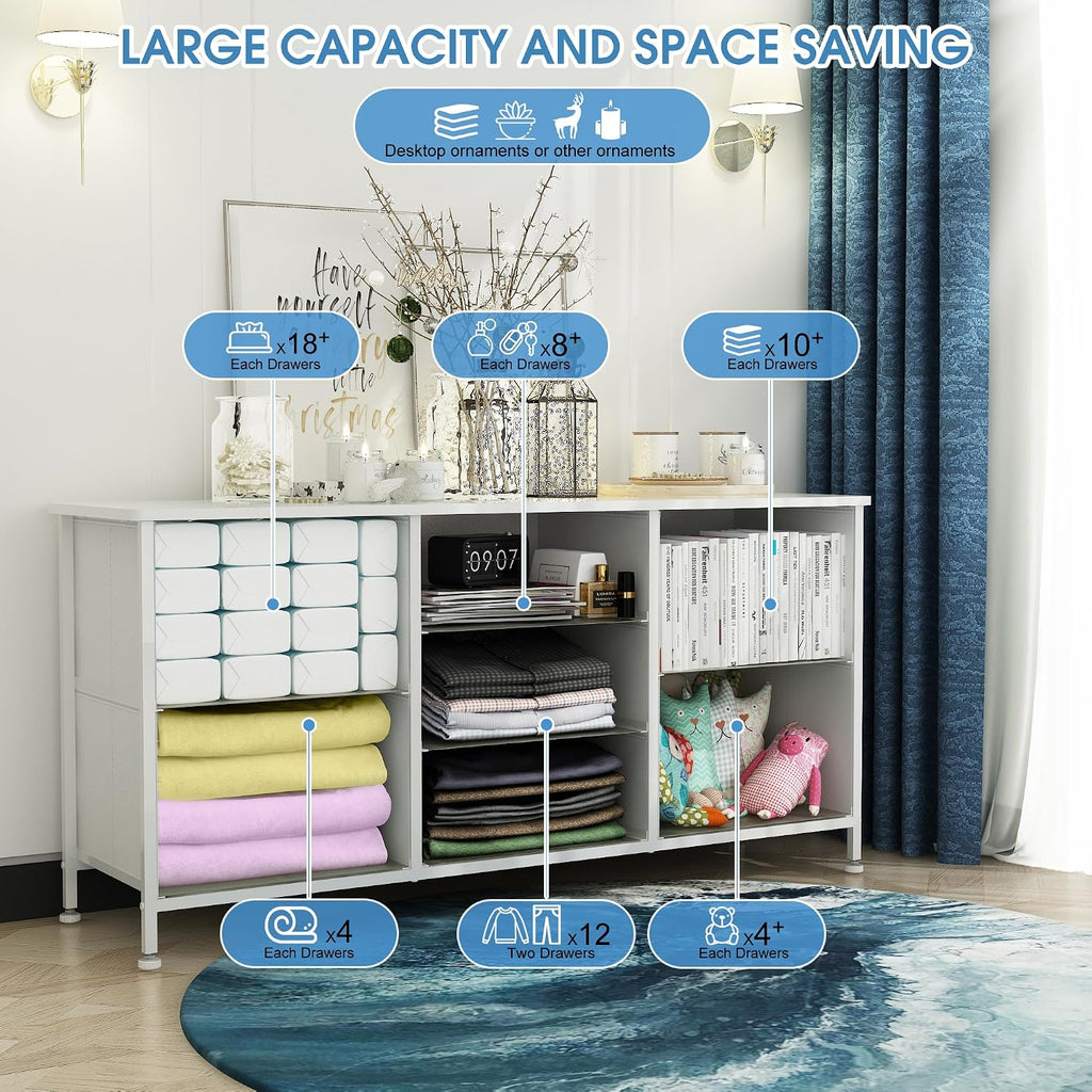 Chest of Drawers, Dresser for Bedroom with 7 Fabric Drawers, TV Stand on Castors, Storage Organizer for Living Room, Metal Frame and Wooden Top, White