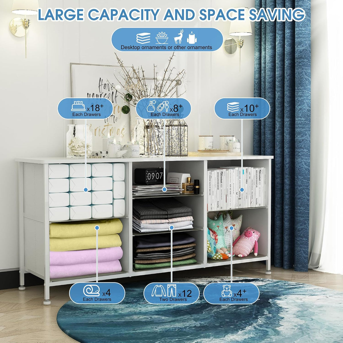 Chest of Drawers, Dresser for Bedroom with 7 Fabric Drawers, TV Stand on Castors, Storage Organizer for Living Room, Metal Frame and Wooden Top, White