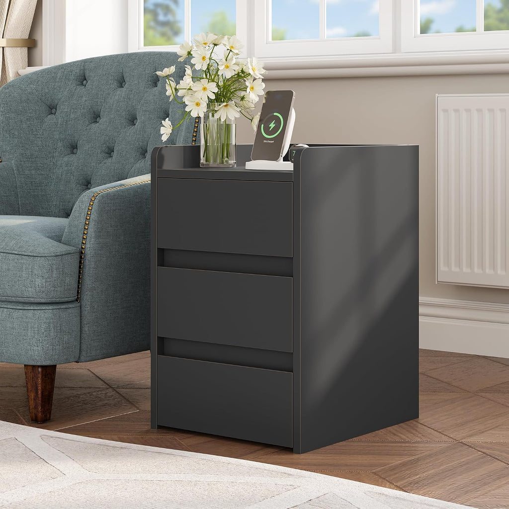 YITAHOME Bedside Table with 3 Drawers and Power Station Grey