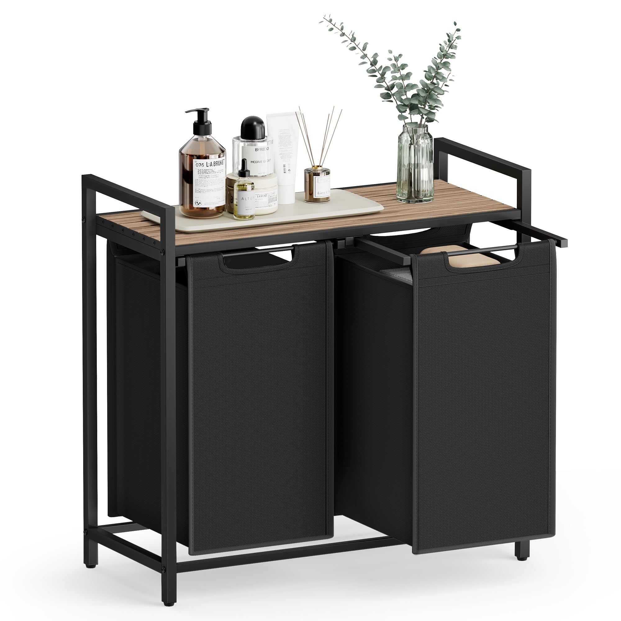 VASAGLE Laundry Basket, 3-Compartment Laundry Hamper, Pull-Out and Removable Liner Bags, Clothes Sorter, Shelf, Metal Frame, 3 x 40 L, 92.5 x 33 x 72 cm, Ink Black and Rustic Brown BLH301B01