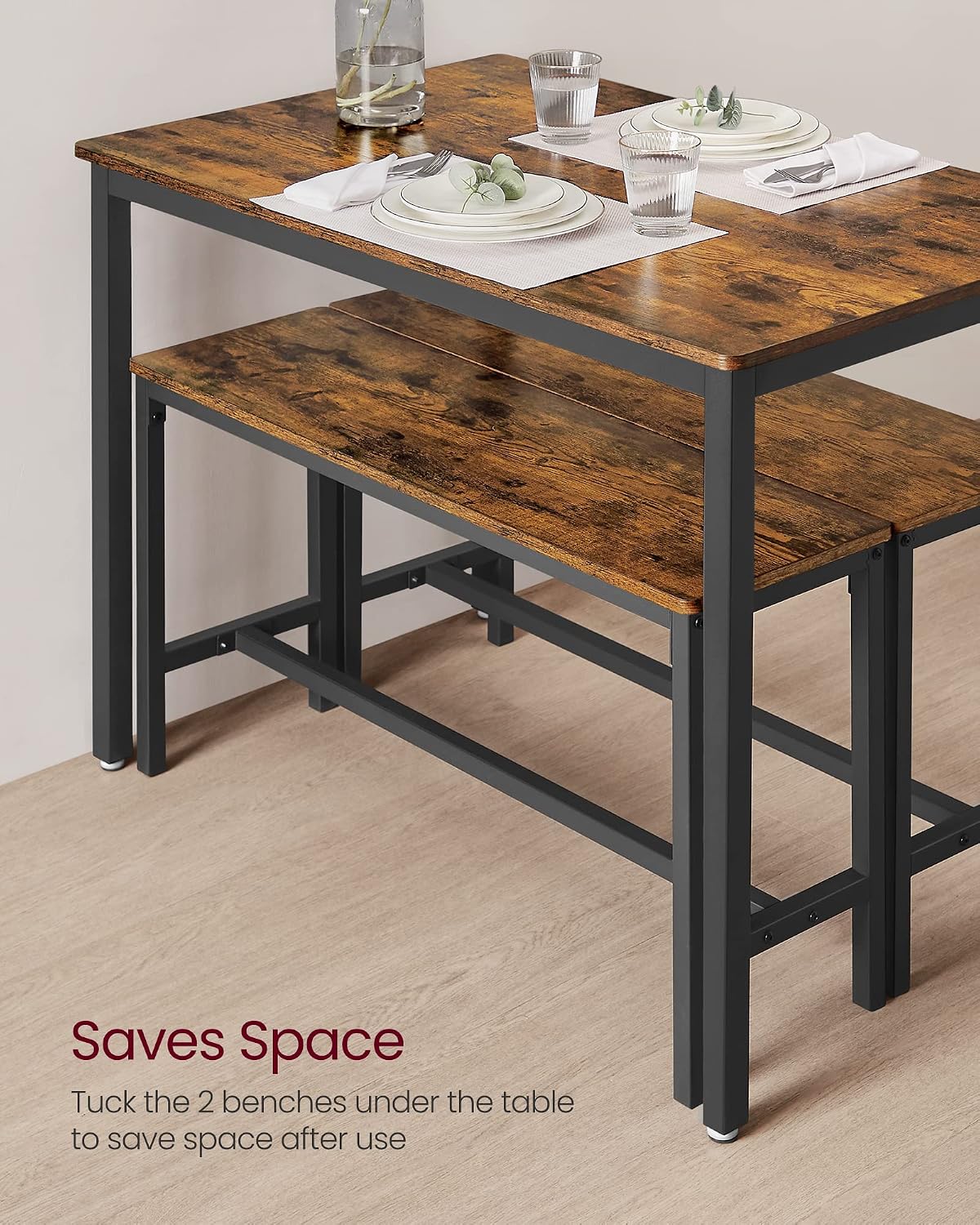 VASAGLE Dining Table with 2 Benches, 3 Piece Set, Kitchen Table of 70 x 110 x 75 cm, 2 Benches of 30 x 97 x 50 cm Each, Steel Frame, Industrial Design, Rustic Brown and Black KDT070B01
