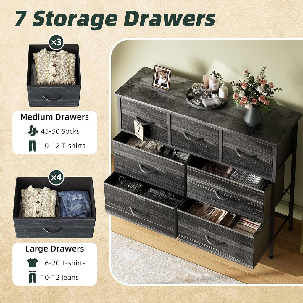 CAIYUN Chest of Drawers for Bedroom with 7 Drawers, Fabric Storage Drawer, Tall White Hallway Storage Unit, Charcoal Black
