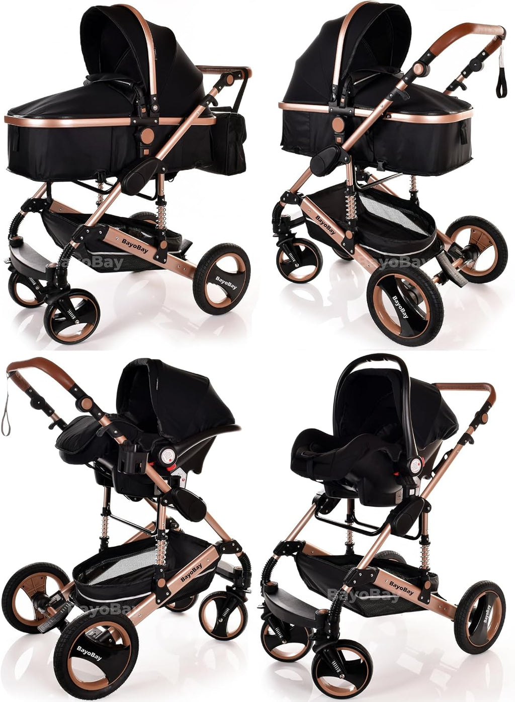 Baby Pram & Pushchair Travel System 3 in1 with Car Seat - Lightweight Folding Buggy Stroller for Newborns 0-36 Months (Black - Silver Frame)