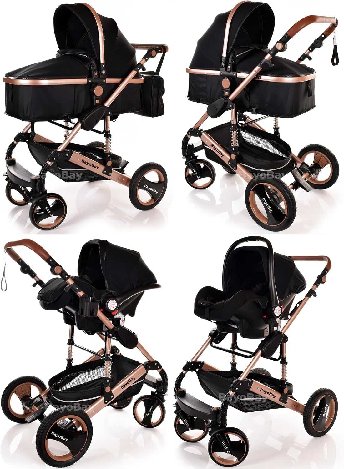Baby Pram & Pushchair Travel System 3 in1 with Car Seat - Lightweight Folding Buggy Stroller for Newborns 0-36 Months (Black - Silver Frame)