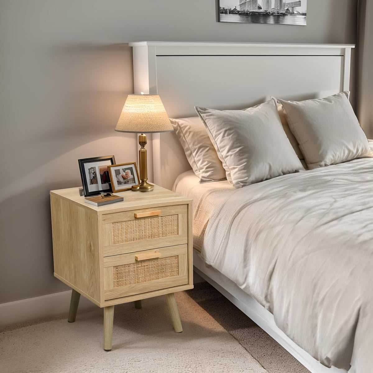 Finnhomy Bedside Tables Set of 2, Side Table with 2 Hand Made Rattan Decorated Drawers, Night Stand Set 2, Wood Nigntstand, End Table with Storage for Bedroom, Natural, 2 Pack