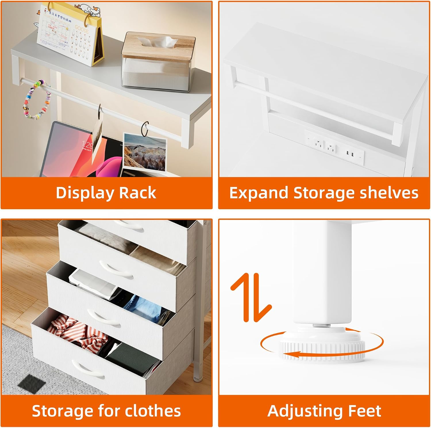 MUTUN Bedside Table with Charging Station, Bedside Cabinet with LED Light, Nightstand with Wood Shelf, 4 Fabric Drawers Side Table for Bedroom, White