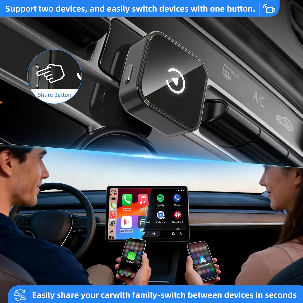 VEN-Wireless CarPlay & Android Auto Adapter 2026 Upgrade Instant 2-Phone Switch, 2-in-1 Plug & Play OTA Dongle for iPhone & Android, BT 5.3 & Dual WiFi 6, Car GPS Navigation
