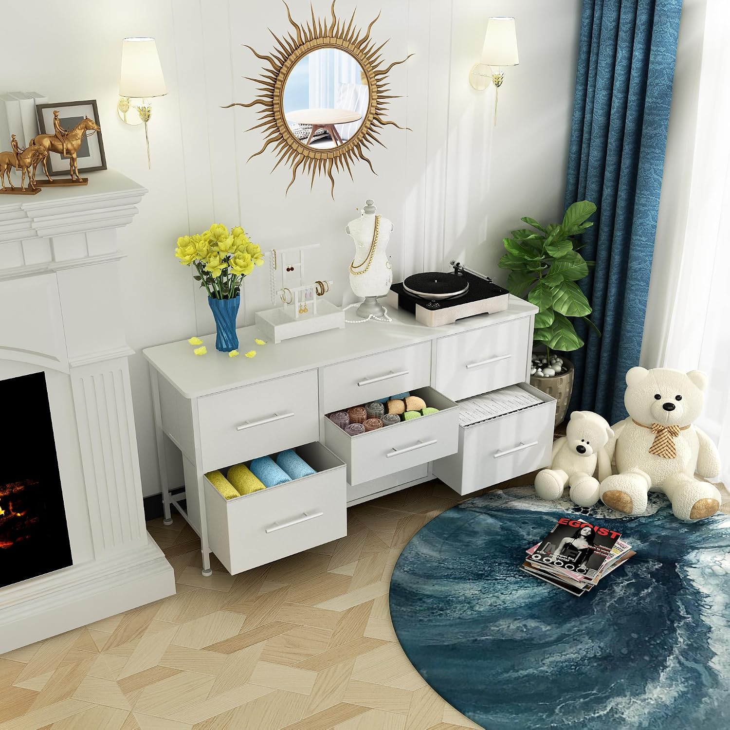 Chest of Drawers, Dresser for Bedroom with 7 Fabric Drawers, TV Stand on Castors, Storage Organizer for Living Room, Metal Frame and Wooden Top, White